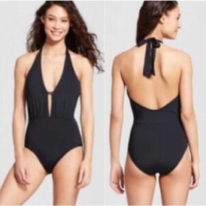 Sunn Lab Swim Plunge V-Neck Halter One Piece Swimsuit Black M NWT
